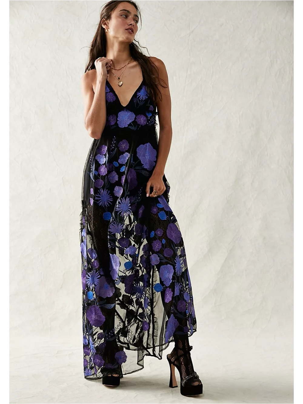 For Love & Lemons Kaylee Maxi Dress Embroidered Floral Black & Purple XS